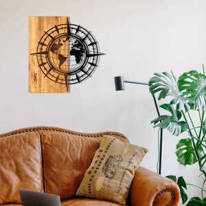 Nástěnná dekorace dřevo SMĚROVÁ RŮŽICE S GLÓBEM 57 x 58 cm
