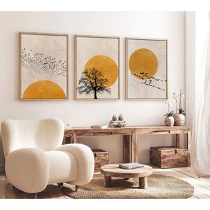 Dekorativní obraz MDF - Slunce, strom, a hejna ptáků 3 ks