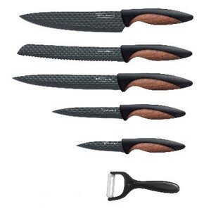 5dílná sada kuchyňských nožů s nepřilnavým povrchem a se škrabkou Royalty Line RL-DC5D / černá/měděná
