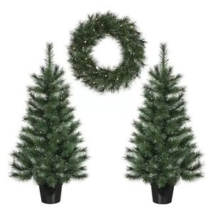 German Vánoční sada 2 stromků a LED věnce / PVC / časovač / teplá bílá / vnitřní i venkovní použití / zelená