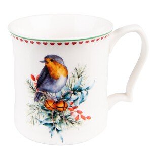 Zelený porcelánový hrnek s květy a ptáčkem Cheerful Birdie - 12*8*10cm/ 300ml Clayre & Eef